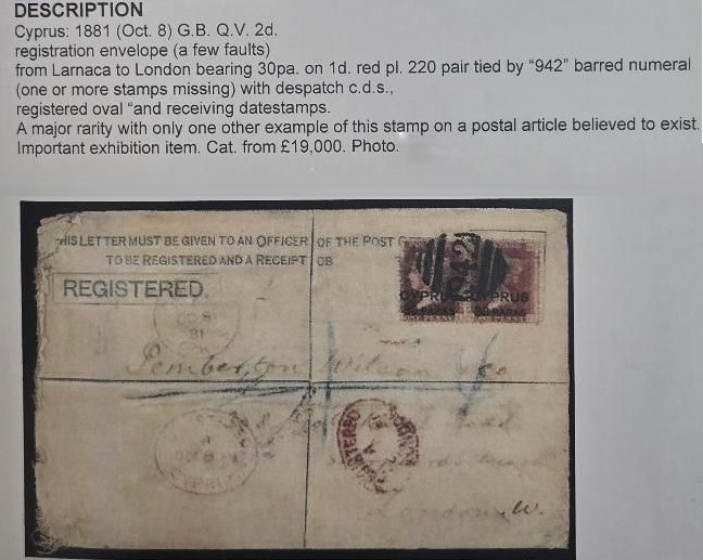 Cyprus: 1881 (Oct. 8) G.B. Q.V. 2d. registration envelope