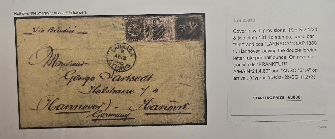 Cover fr. with provisional 1/2d & 2 1/2d & two plate 181 1d stamps, canc, bar "942" and cds "LARNACA"